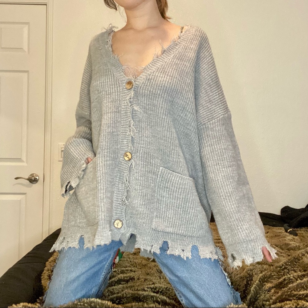 Thick knit distressed wide sleeve cardigan